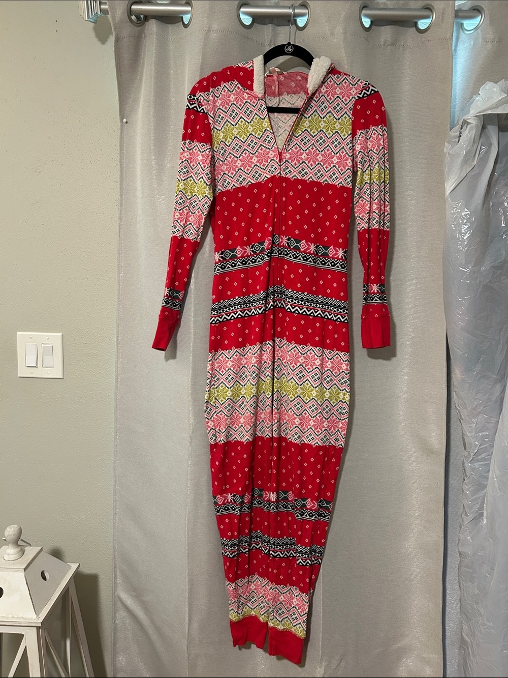 PINK Victoria's Secret Red Patterned Long Sleeve Hooded Onesie